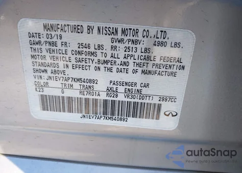 2019 Infiniti Q50 3.0T Signature Edition z USA, uszkodzony, nr VIN JN1EV7AP7KM540892